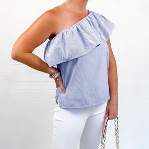 Haute Monde Blue Pinstripe One Shoulder Ruffle Top